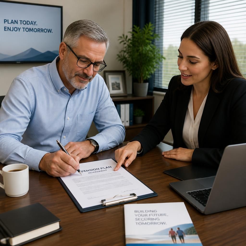 Persona firmando contrato de plan de pensiones con asesor financiero