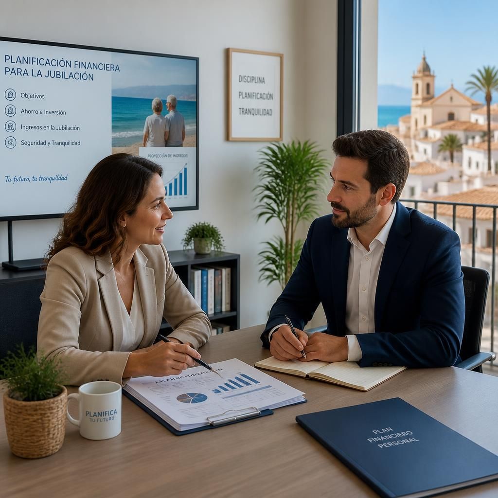 Reunión de planificación de jubilación con dos profesionales financieros en España