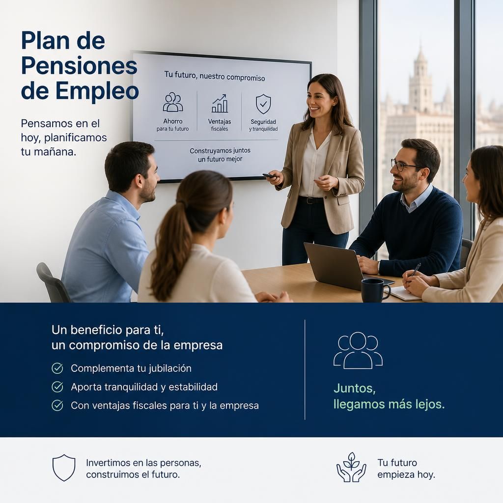 Empleados en oficina corporativa con plan de pensiones de empresa
