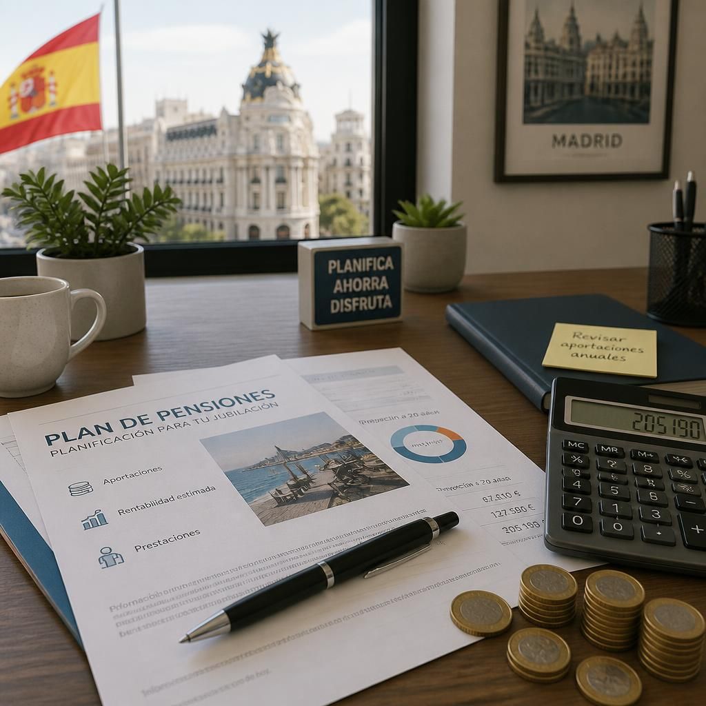 Documentos de plan de pensiones, calculadora y monedas sobre escritorio